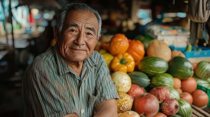 Fototapeta premium Portrait of a smiling elder man with a background of fresh produce at a farmer's market.