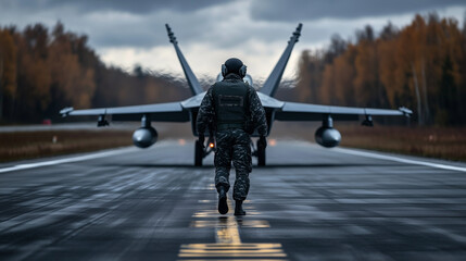 Fototapeta premium The fighter jet stands poised on the runway, its wings stretching out, while the pilot in full gear walks toward the cockpit, ready for a high-speed aerial adventure.