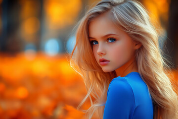 Naklejka premium portrait jeune fille blonde, de profil, tee shirt bleu, couleurs d'automne, orange, jaune