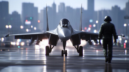 Obraz premium A powerful fighter jet, the epitome of military power, is seen on the tarmac with a pilot walking towards it, ready for an adrenaline-pumping high-speed flight.