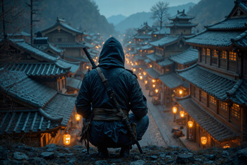A ninja perched on a hill overlooking a Japanese village at dusk, spying on houses below, stealthily infiltrating enemy territory. A lone warrior watches over a small town, a guardian, a protector.