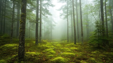 Obraz premium A dense forest covered in mist, with tall trees fading into the fog and the ground blanketed in soft moss and fallen leaves