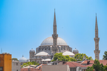 Distant view of the minaret and dome of the Şehzade mosque.