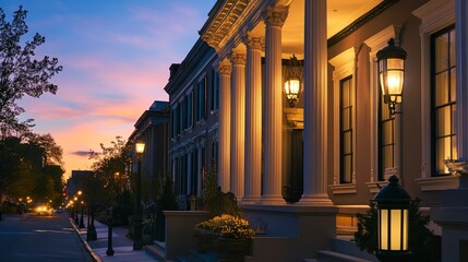 Obraz premium A sophisticated Neoclassical townhouse with prominent Ionic columns, illuminated by city streetlights at dusk.
