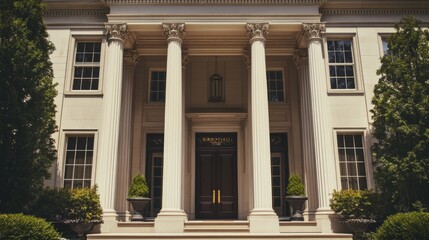 Obraz premium An architectural masterpiece: a Neoclassical townhouse with grand Ionic columns in an upscale neighborhood.
