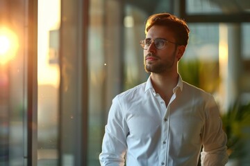 Obraz premium A man with glasses wearing a white shirt looks thoughtfully out a large window with the golden sunset creating a reflective ambiance in the room.