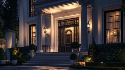 Obraz premium Chic city living: townhouse with a timeless Neoclassical design, grand steps, and Ionic columns lining the entrance