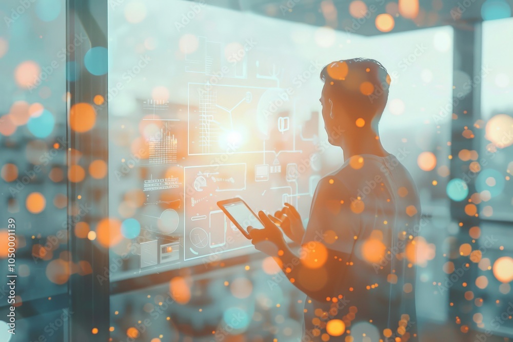 Poster a man engages with a futuristic user interface in a spacious room, touching a digital screen surroun