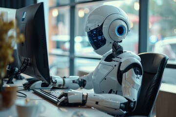 A humanoid robot complete with digital display sits at a desk, typing on a computer, embodying the intersection of technology and everyday workplace environments.