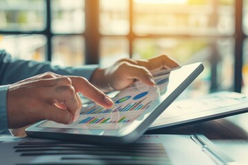 Fingers skillfully navigate vibrant digital graphs on a tablet device, symbolizing the power of technology and human interaction in modern business analysis.