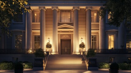 Obraz premium Impressive townhouse facade with Ionic columns and an elegant staircase, surrounded by modern urban life.