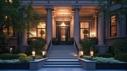 Obraz premium Opulent townhouse entrance: wide stairway flanked by Ionic columns, located in a high-end city neighborhood