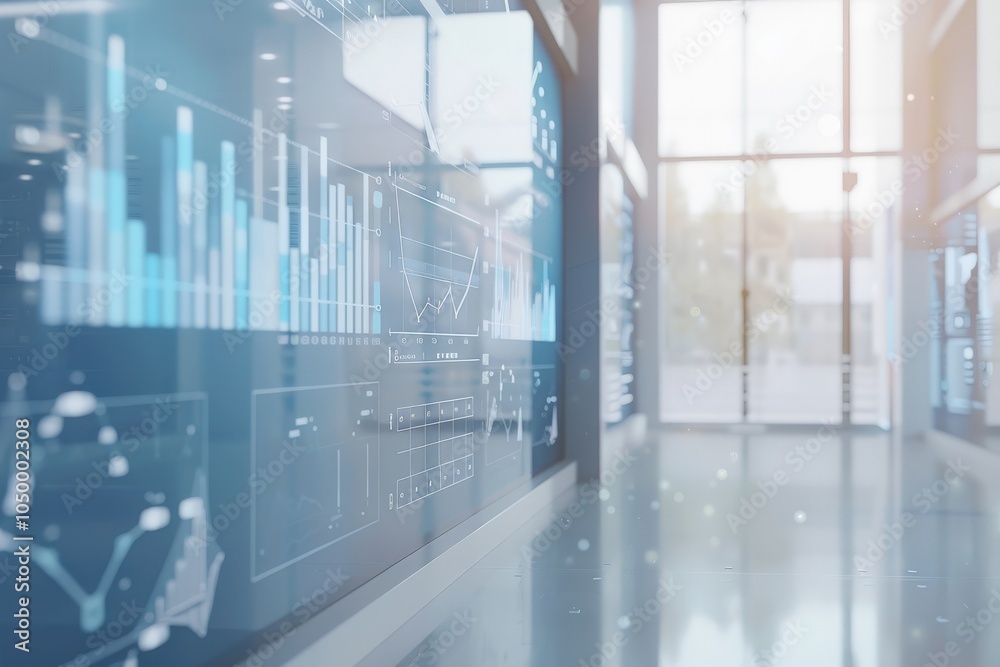 Poster a futuristic office space with a large digital screen displaying complex data graphs and charts, ind