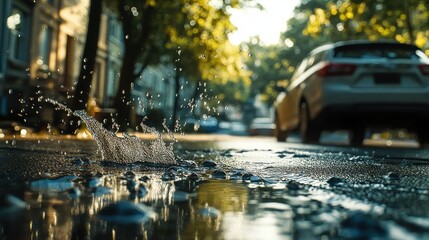 A close-up shows rainwater streaming down a street, as cars navigate the deluge with silhouettes of trees and buildings in the background.