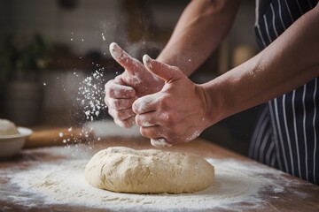 Obraz premium Flour dusted hands knead dough, capturing rustic essence of home baking
