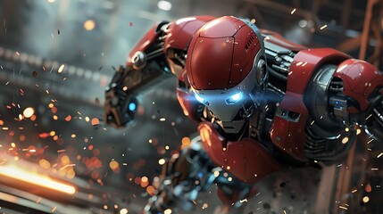 Futuristic red and silver robot with illuminated blue eyes captured in mid-sprint against the chaotic backdrop of a factory filled with sparks highlighting the essence of industrial technology