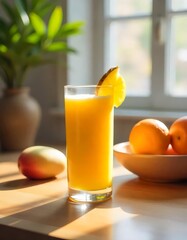 Fototapeta premium Fresh Orange Juice with Pineapple Garnish on Sunlit Kitchen Table with Mango and Oranges Generative AI