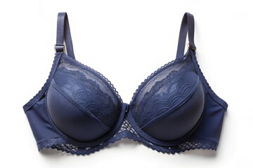 A blue bra with lace detailing sits on a white background