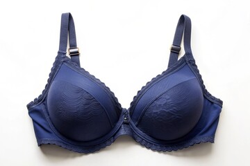 A blue bra with lace detailing sits on a white background