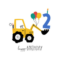 Second birthday. Hand drawn happy birthday card with cute cartoon car tractor with balls, candle and lettering Happy Birthday. Vector illustration. Baby boy greeting card for 2nd birthday