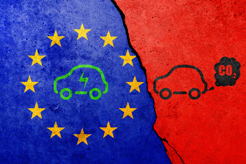 Electric car without CO2 smoke in EU. Green and sustainable energy and eco power.