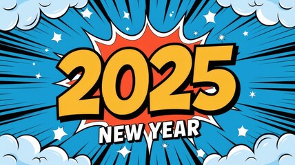Fototapeta premium Celebratory 2025 New Year Comic Book Explosion Background