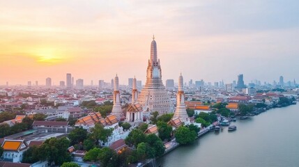 Obraz premium Serene Sunset Over Wat Arun with Soft Illumination