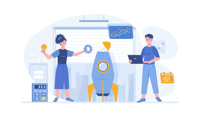 Business startup. Man and woman preparing a rocket for launch. Project success, business planning. Vector illustration with characters in flat design for web banner.	
