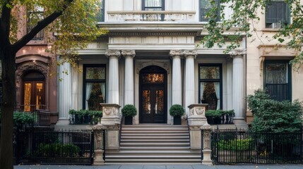Obraz premium The perfect blend of history and luxury: Neoclassical townhouse with majestic columns and a wide stairway