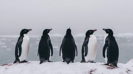 Obraz premium Group of Penguins on Snowy Cliff by the Ocean