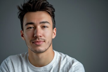 Fototapeta premium Close-up image showcasing a young man with neatly groomed facial stubble and a thoughtful expression, set against a plain gray background, exuding modern style.
