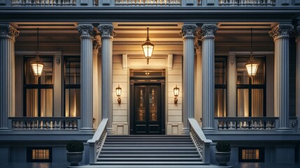 Fototapeta premium Urban luxury: a Neoclassical townhouse with ornate Ionic columns and a grand stairway in an upscale city street.