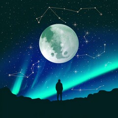 Fototapeta premium Silhouette of person admiring the night sky with constellations and large moon