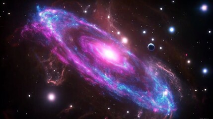 Fototapeta premium A swirling galaxy with colorful nebula clouds in shades of purple, blue, and pink, with stars and distant planets scattered throughou