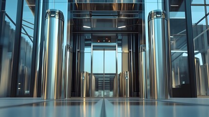 Focused Image of Futuristic Rotating Entrance Gate Mechanism with Metallic Arms and Sensors