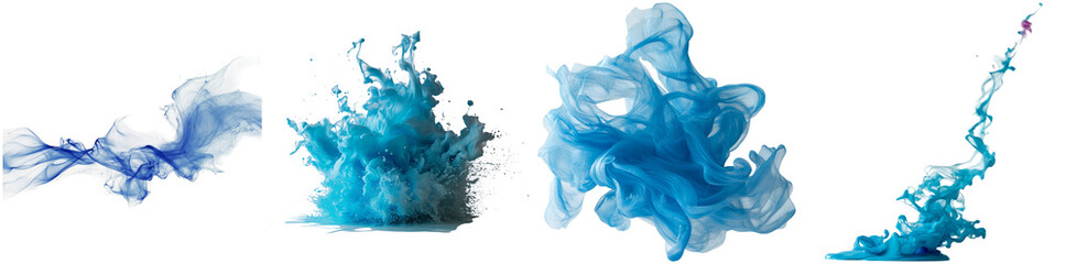 Blue smoke forms various swirls and splashes, showcasing fluid movement and texture. Ideal for digital art, backgrounds, and design projects needing vibrant colors and effects