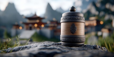 Tibetan Prayer Wheel on Mountaintop with Monastery in Background