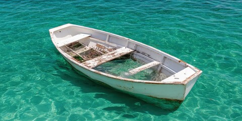Obraz premium White Rowboat in Turquoise Waters Summer Vacation Boat Trip