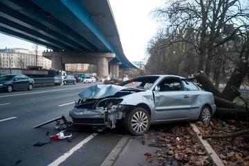Naklejka premium Damaged car by roadside after tree crash, creating somber scene on busy street
