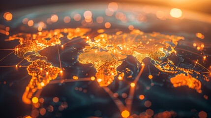 Realistic digital world map with glowing network overlay illustrating global connectivity