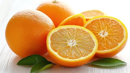 Close-up of ripe oranges with some cut in half showing the flesh and green leaves on a white wooden table.