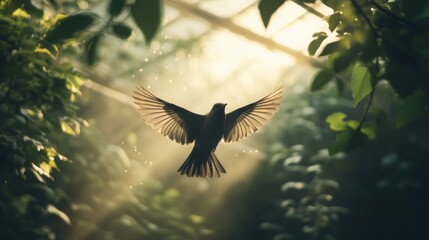 Obraz premium A bird in flight, silhouetted against a backdrop of sunlight streaming through leaves.