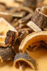 angle view herb HeHuanPi or Cortex Albizziae or Silktree Albizzia Bark at vertical