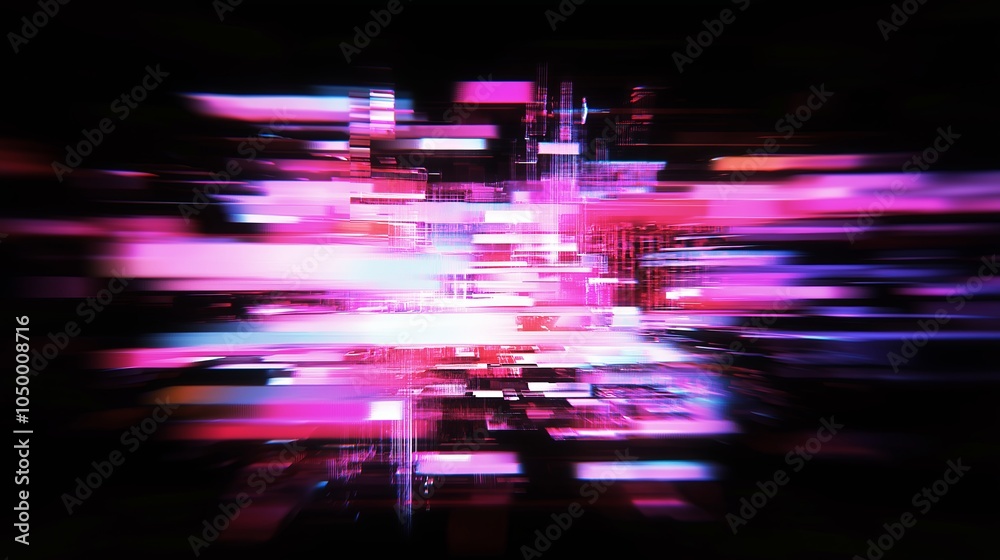 Poster An abstract, digital glitch effect with neon colors, creating a dynamic and modern aesthetic.