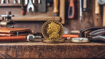 Fototapeta premium Gold coin on wooden table with vintage tools in background