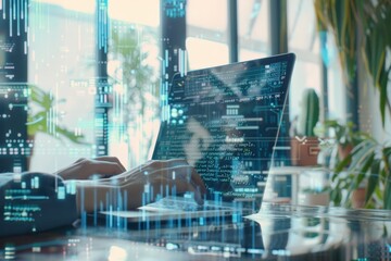 An individual working on a laptop with a digital overlay illustrating futuristic programming concepts in a bright, plant-filled office environment.
