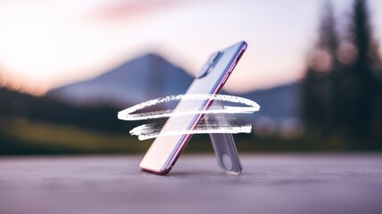 Modern smartphone with digital halo effect on outdoor table at sunset