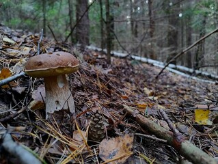 Brown boletus edulis standing alone in forest. Mushroom picking. Fall harvest of mushrooms. Czech wild woods. Spruce trees. Green and brown colors. Autumn in Europe. Branches and leaves on ground. 