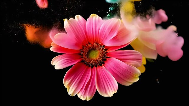 showcases stunning slowmotion shot red gerbera blossom spinning midair colorful powder flying creating striking visual effect black background orange bloom droplet daisy light high speed beauty plant