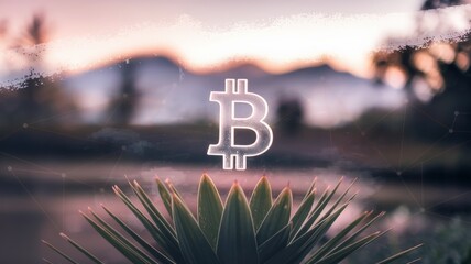 Bitcoin symbol overlay on green spiky plant with mountain background